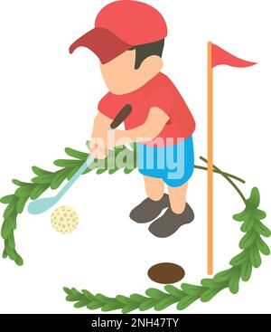 Golfer icon isometric vector. Male character playing golf inside winner wreath. Competition, sport concept Stock Vector
