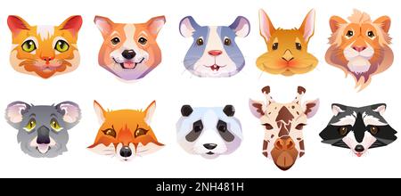 Cartoon set of animal face with cute masks for selfie photo or video chat. Pet heads of cat, dog, fox, raccoon, rabbit, lion, koala, mouse and giraffe for mobile phone application or social content. Stock Vector