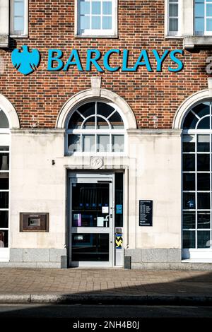 Epsom, Surrey, London UK, February 19 2023, Barclays High Street Retail Bank Entrance With No People Stock Photo