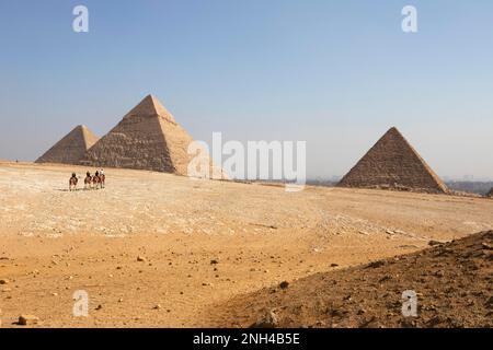 Camel riding on the west side of the pyramids, in the background in the haze the Nile Valley, Giza, Cairo, Egypt Stock Photo