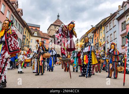 Historic fool jump in Rottweil, at the climax of the Swabian-Alemannic carnival 3000 fools jump through the Black Gate, the Federahannes with jumping Stock Photo