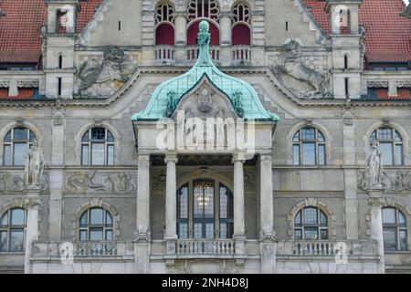 Facade, bay window, New Town Hall, Tramplatz, Hanover, Lower Saxony, Germany Stock Photo