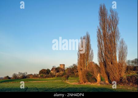 Church in the English countryside with field and trees. Late afternoon just before sunset. St John's Church, West Wickham, Kent, UK. Stock Photo