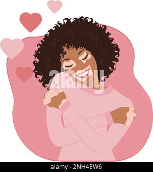 Black woman with vitiligo hugging herself and smiling Stock Vector