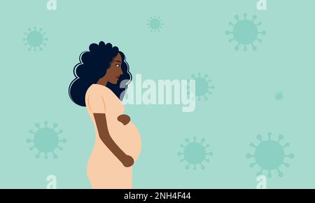 Pregnant black woman not wearing face mask with virus background Stock Vector