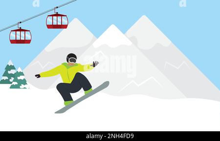 Man snowboarding on slopes of ski resort Stock Vector