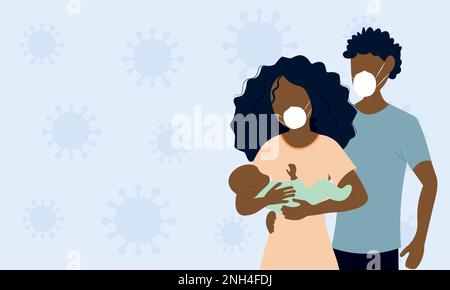 Father and Mother holding her baby wearing face mask in front of a coronavirus background Stock Vector