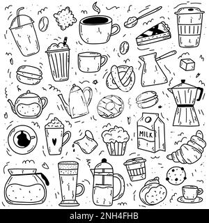 Big set of doodle coffee items as coffee makers, cups, bakery, milk. Hand drawn icons. Stock Vector