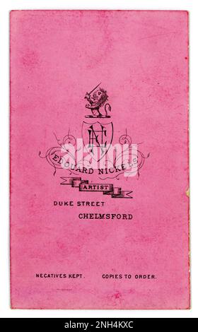 Reverse of original Victorian era CDV (carte de visite or visiting card) From the studio of Edouard Nickels, Duke Street, Chelmsford, Essex, circa early 1870's Stock Photo