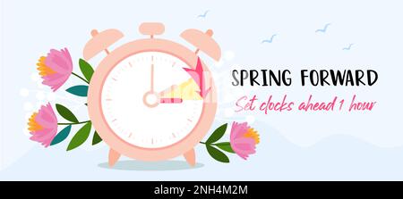Daylight Saving Time Begins banner. Spring Forward. Reminder guide with clocks change one hour ahead. Vector illustration Stock Vector