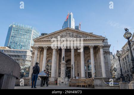 London. UK- 02.19.2023. A street view of the Royal Exchange in the City of London. Stock Photo