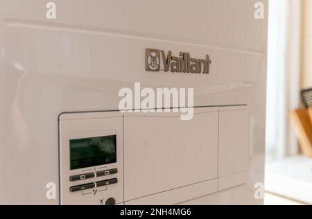 London. UK- 02.19.2023. A Vaillant gas combi boiler for hot water and central heating. Stock Photo