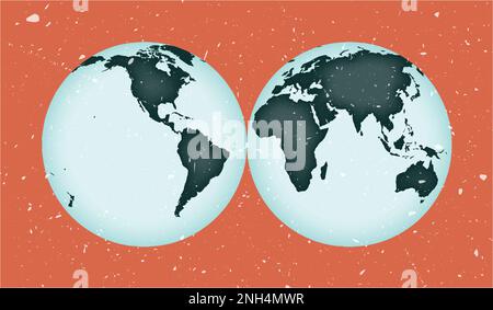 World Map Poster. Mollweide projection interrupted into two (equal-area) hemispheres. Vintage World shape with grunge texture. Charming vector illustr Stock Vector