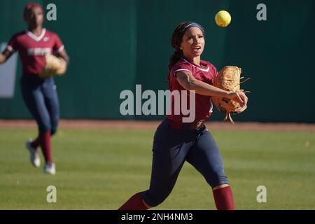 South Carolina State's Taylor Ames-Alexander throws the ball during an NCAA  softball game against Holy Cross on Saturday, Feb.18, 2023, in Spartanburg,  S.C. Holy Cross won 2-0. (AP Photo/Sean Rayford Stock Photo 