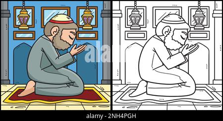 Ramadan Muslim Praying Coloring Page for Kids Stock Vector Image & Art ...