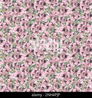 Pink anemones with eucalyptus twigs. Watercolor illustration in sketch style with graphic elements. Seamless pattern from a large set of PARIS. For Stock Photo