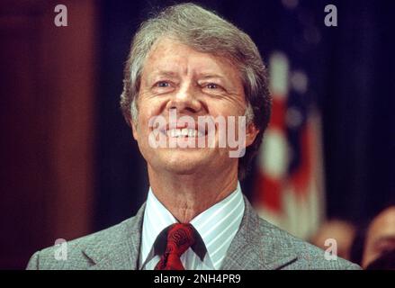 Governor Jimmy Carter (Democrat of Georgia), a candidate for the 1976 Democratic nomination for President of the United States, speaks before US House members and employees in the Rayburn House Office Building in Washington, DC on May 15, 1976. Credit: Arnie Sachs / CNP /MediaPunch Stock Photo