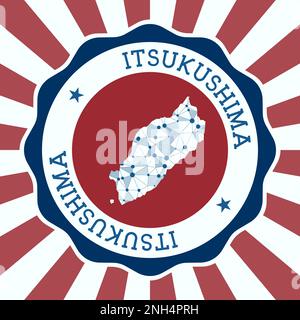 Itsukushima Badge. Round logo of island with triangular mesh map and radial rays. EPS10 Vector. Stock Vector