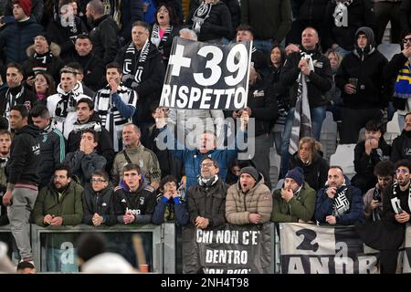 TURIN - Juventus FC supporters during the Italian Serie A match between Juventus FC and ACF Fiorentina at Allianz Stadium on February 12, 2023 in Turin, Italy. AP | Dutch Height | GERRIT OF COLOGNE Stock Photo