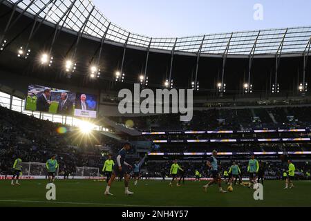 London, UK. 19th Feb, 2023. A general view as Tottenham Hotspur players warm up before the game. Premier League match, Tottenham Hotspur v West Ham Utd at the Tottenham Hotspur Stadium in London on Sunday 19th February 2023. this image may only be used for Editorial purposes. Editorial use only, license required for commercial use. No use in betting, games or a single club/league/player publications. pic by Andrew Orchardr/Andrew Orchard sports photography/Alamy Live news Credit: Andrew Orchard sports photography/Alamy Live News Stock Photo