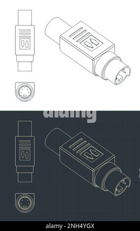 Stylized vector illustration of blueprints of S-video male plug Stock Vector