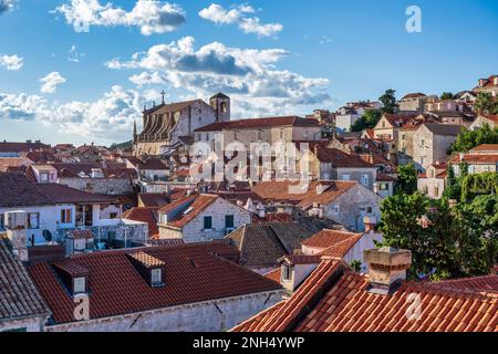 View across red tiled rooftops to Church of St. Ignatius (Jesuit Church) in the old town of Dubrovnik in Croatia Stock Photo