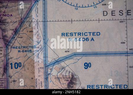 Close up detail of FAA sectional map showing restricted airspace national security flight regulation notes Stock Photo