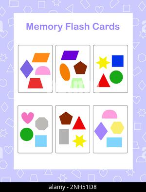 Memory game geometry shapes of different colors, English vocabulary learning printable cards, educational topical worksheet for kids, kindergarten, pre-school or leisure activity, teacher resources Stock Vector