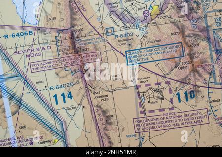 Close up detail of FAA sectional map showing national security flight restriction notes Stock Photo