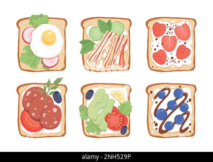 Set of toasts and sandwiches with different healthy ingredients. Slices of bread with eggs, avocado, champignons, vegetables, chocolate pasta and Stock Vector