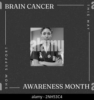 Composition of brain cancer awareness month text over biracial female doctor on black background. Brain cancer awareness month concept digitally gener Stock Photo