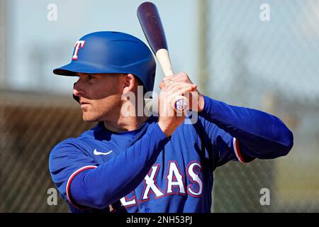 Texas Rangers Leody Taveras throws during spring training baseball practice  Monday, Feb. 20, 2023, in Surprise, Ariz. (AP Photo/Charlie Riedel Stock  Photo - Alamy