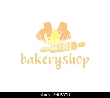 Hands kneading dough, rolling pin for dough, bakery and bakehouse, logo design. Bakeshop, bakery shop, fancy bread, baker, baking and pastry, vector Stock Vector