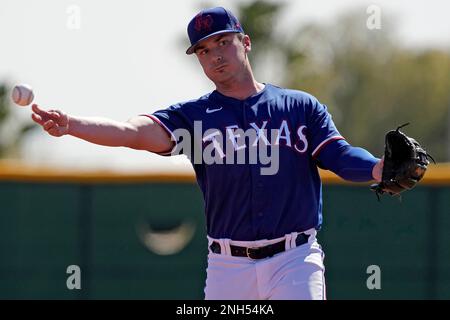 Texas Rangers' Justin Foscue Throws During Spring Training Baseball 