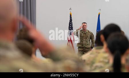 Maj. David Ratté, 436th Security Forces Squadron commander, receives a first salute from his unit during a change of command ceremony held at The Landings on Dover Air Force Base, Delaware, June 21, 2022. Ratté was previously the 768th Expeditionary Air Base Squadron defense force commander. Stock Photo