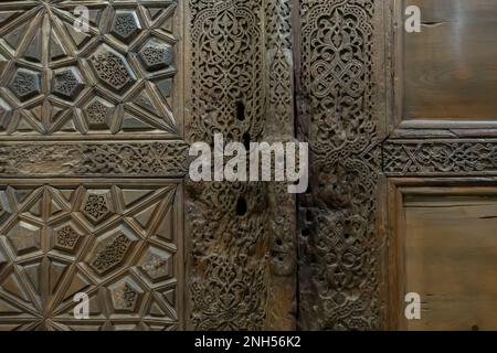 Double wooden doors. Karamanli period. Karaman, early 15th century.  Museum of Turkish and Islamic Arts in Istanbul, Stock Photo