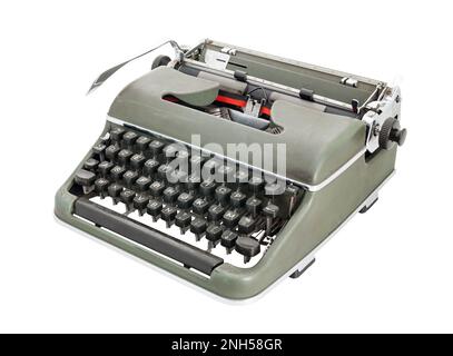 Old green mechanical typewriter with black keys and the two-tone ribbon in view, isolated on a transparent or white background Stock Photo
