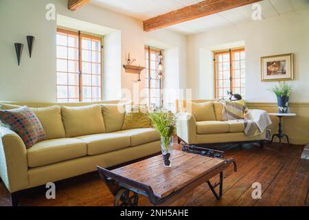 Beige upholstered sofas with mixed cushions and antique grain scale coffee table in living room inside old 1841 house. Stock Photo