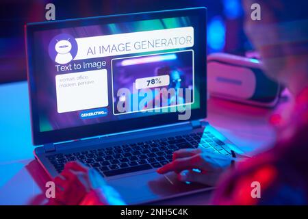 Seen from behind modern business woman with laptop using text to image artificial intelligence image generator. Stock Photo