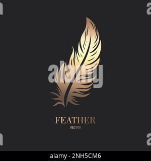 Vector Fluffy Golden Color Feather Logo Icon, Silhouette Feather Closeup Isolated. Design Template of Flamingo, Angel, Bird Feather. Lightness Stock Vector