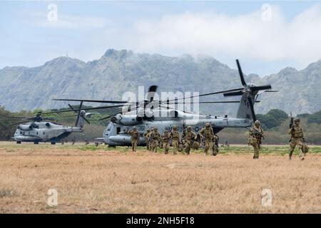 BELLOWS AIR FORCE STATION, Hawaii (July 16, 2022) Australian Army Soldiers from 1st Battalion, Royal Australian Regiment, disembark from two U.S. Marine Corps CH-53 Sea Stallions during a simulated urban close combat scenario during Rim of the Pacific (RIMPAC) 2022. Twenty-six nations, 38 ships, three submarines, more than 170 aircraft and 25,000 personnel are participating in RIMPAC from June 29 to Aug. 4 in and around the Hawaiian Islands and Southern California. The world's largest international maritime exercise, RIMPAC provides a unique training opportunity while fostering and sustaining Stock Photo