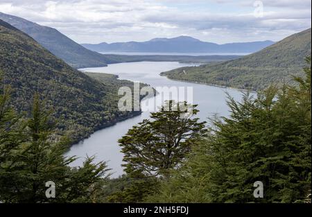 View from Paso Garibaldi near Ushuaia down to Lago Escondido in Tierra del Fuego, Argentina, South America Stock Photo