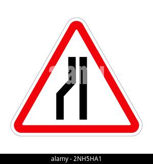 Traffic sign ROAD NARROWS ON LEFT on white background, illustration Stock Photo