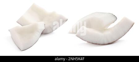 Pieces of ripe coconut on white background, collage. Banner design Stock Photo