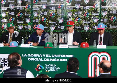 February 20, 2023 in Mexico City, Mexico: Enrique Mayorga, president of the Mexican  Baseball Federation (FEMEBE), Horacio de la Vega, president of the Mexican  Baseball League (LMB), during a press conference for