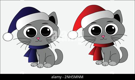 Set of cute  Christmas cat cartoon clip art .cats with charismas hat and scarf Stock Vector