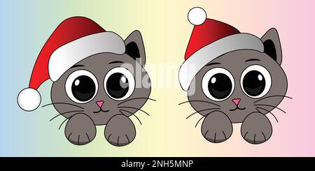 Set of Christmas cute ginger cat. Kitten in red santa hat. Merry xmas and happy new year vector illustration Stock Vector