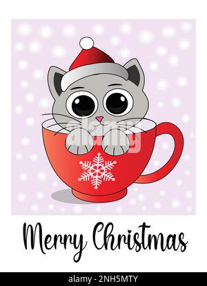 Smile cute cat in coffee cup .use for charismas greeting card, poster, logo Stock Vector