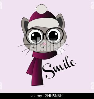 Cute cat face with a scarf spectacles and hat Fairytale theme. For fashion fabric design, t-shirt prints, cups, stickers, postcards. Vector Stock Vector