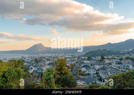Sunset view of Beppu city and sea in Oita, Japan Stock Photo